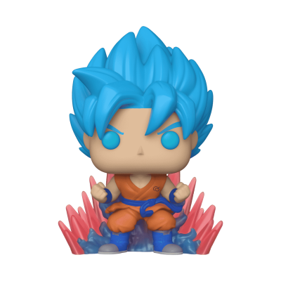 Figura Funko Pop de Goku com cabelo azul e roupa laranja com detalhes azuis