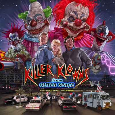 Poster do filme 'Killer Klowns from Outer Space' com palhaços e personagens humanos