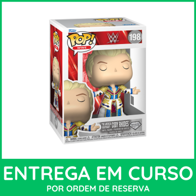 Boneco Funko Pop WWE Cody Rhodes de vinil na embalagem.