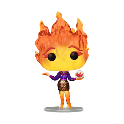 Figura colecionável Funko Pop personagem com cabeça em chamas, roupa roxa e preta, segurando esfera com flor vermelha.