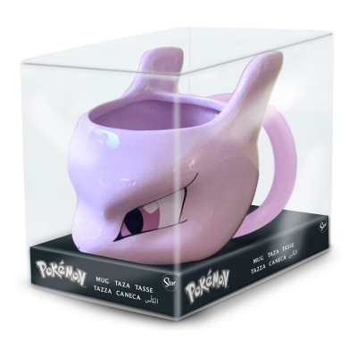 Caneca Mewtwo lilás em embalagem transparente com base preta