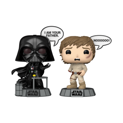 Figuras Funko Pop de Darth Vader e Luke Skywalker com balões de fala da saga Star Wars