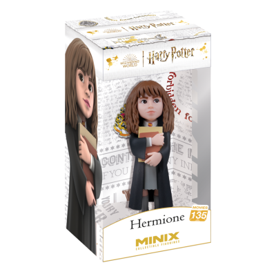 Figura colecionável Minix Hermione Harry Potter em caixa transparente com detalhes dourados e texto.