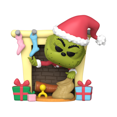 Boneco estilizado do Grinch com roupa de Natal junto a lareira e presentes