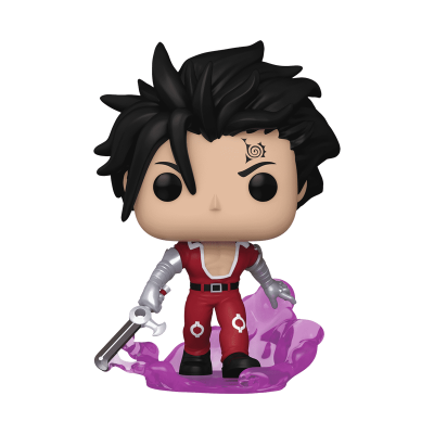 Figura Funko Pop personagem com cabelo preto, fato vermelho e base roxa