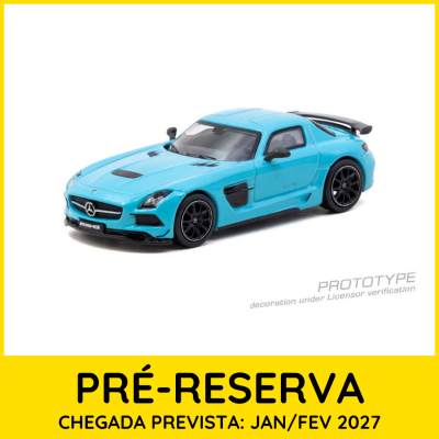 Miniatura de carro Mercedes AMG azul claro com detalhes pretos e texto de pré-reserva