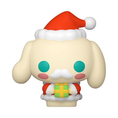 Figura de cão vestido de Pai Natal segurando presente verde com fita amarela
