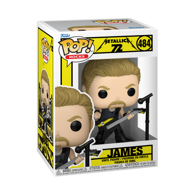 Funko Pop Rocks Metallica James figura de vinil na caixa amarela e branca com janela transparente
