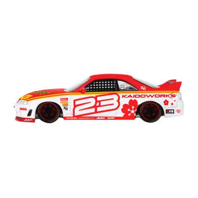 Miniatura de carro de corrida vermelha e branca com número 23 e logo KAIDOWORKS