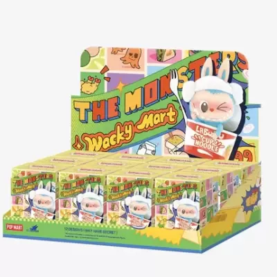 Expositor de brinquedos colecionáveis THE MONSTERS Wacky Mart com personagem monstro em roupa de embalagem de noodles