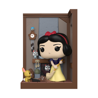 Figurina Funko Pop da Branca de Neve com animais e lareira em moldura de madeira.