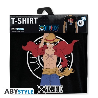 T-shirt preta One Piece com estampa de Luffy e embalagem ABYSTYLE tamanho M