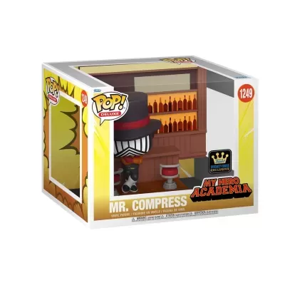Funko Pop Mr. Compress da My Hero Academia numa caixa com vitrine transparente