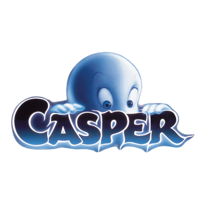 Casper o fantasma azul atrás do texto CASPER em letras azuis