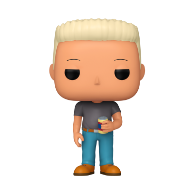 Figura Funko Pop de personagem loiro com camisa preta e calças azuis a segurar uma lata.