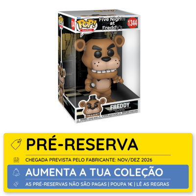 Figura Funko Pop Freddy Five Nights at Freddys na embalagem com texto de pré-reserva.