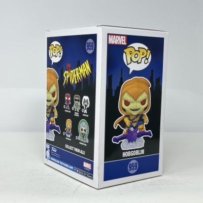 Embalagem Funko Pop! Marvel Spider-Man Hobgoblin nº 959 em fundo azul escuro