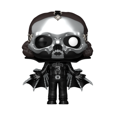 Figura Funko Pop com máscara metálica de caveira e roupa preta com asas brilhantes