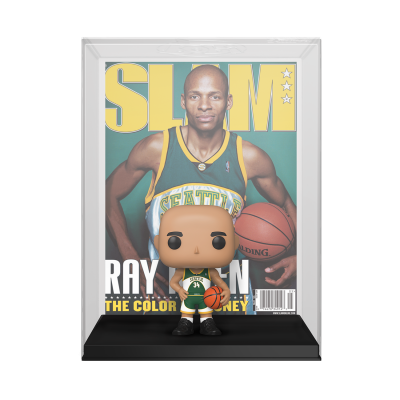 Figura Pop Funko de Ray Allen com uniforme de basquetebol verde e branco da equipa Seattle com revista SLAM ao fundo.