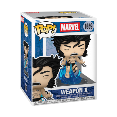 Funko Pop! Marvel Weapon X número 1659 com base azul e garras metálicas.