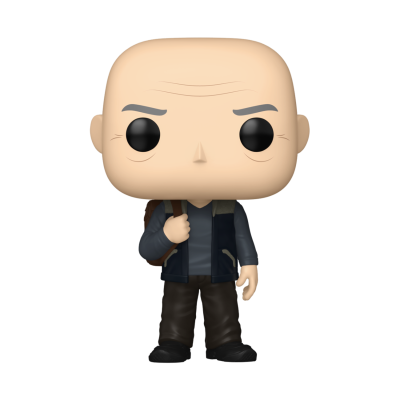 Figura colecionável Funko Pop careca com casaco azul e mochila