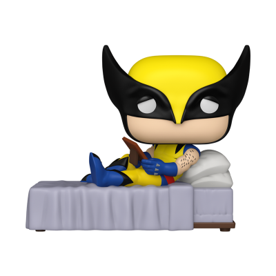 Funko Pop do Wolverine deitado numa cama, roupa amarela e preta, segurando objeto castanho