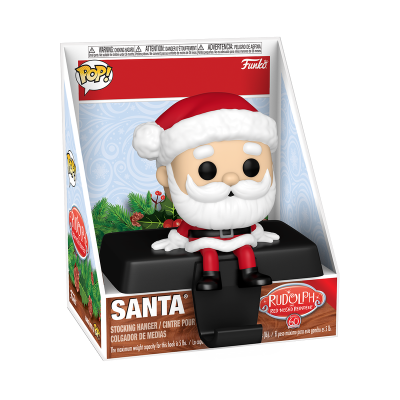 Figura Funko Pop do Pai Natal sentada com base preta em embalagem azul com motivos natalícios