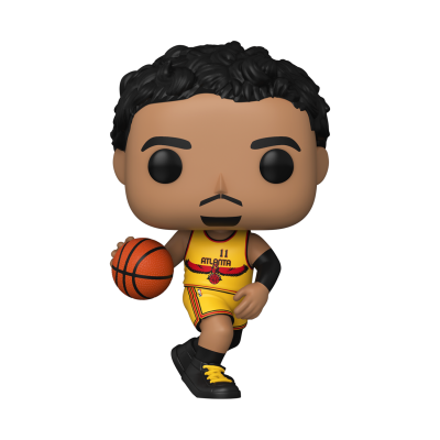 Figura Funko Pop de jogador de basquetebol com camisola amarela e vermelha segurando bola.