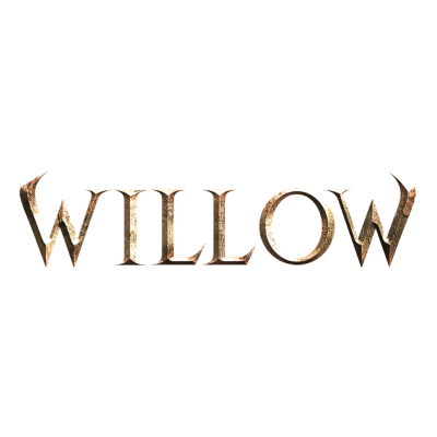 Texto WILLOW em letras metálicas castanhas com textura envelhecida