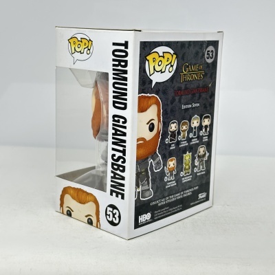 Figura Funko Pop! Tormund Giantsbane em caixa branca com texto e janela transparente