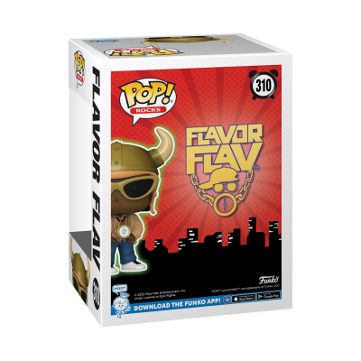 Caixa Funko Pop! Rocks Flavor Flav número 310 com fundo vermelho e silhueta de prédios