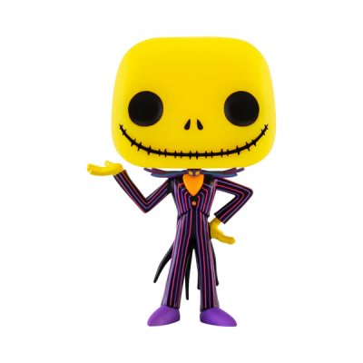 Funko Pop com cabeça amarela estilo caveira e fato riscado roxo e vermelho