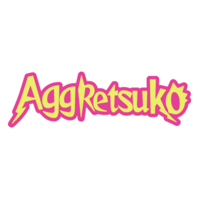 Logótipo Aggretsuko amarelo com contorno rosa em fundo branco