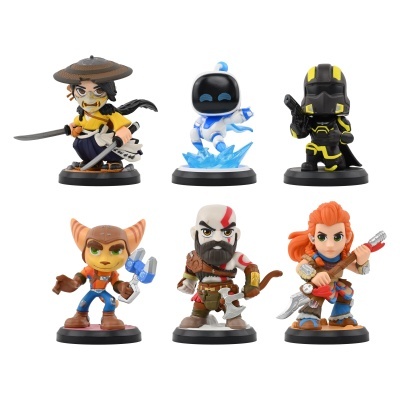 Seis figuras coleccionáveis coloridas de personagens diversas em bases pretas