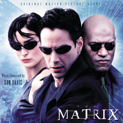 Capa do filme The Matrix com três personagens em roupas pretas e óculos de sol