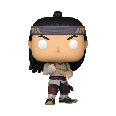 Figura Funko Pop de personagem com faixa roxa e arma
