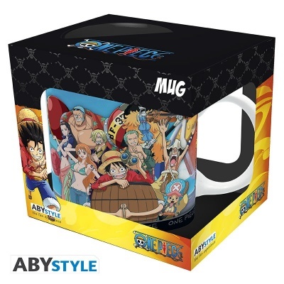 Caneca de cerâmica com personagens do anime One Piece em caixa colorida