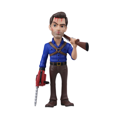 Figura colecionável de personagem masculino com ferramentas e manchas vermelhas