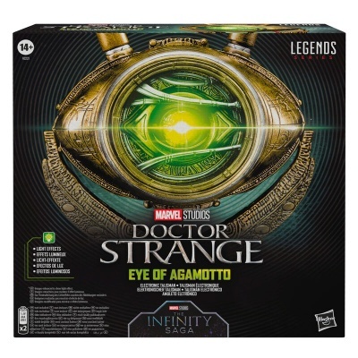 Caixa do produto Doctor Strange Eye of Agamotto da Marvel Legends com design dourado e verde e logotipos.