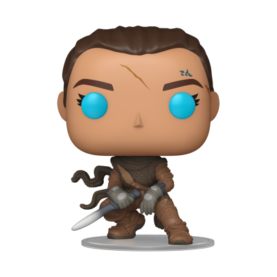 Funko Pop personagem com roupa castanha, luvas cinzentas e faca prateada