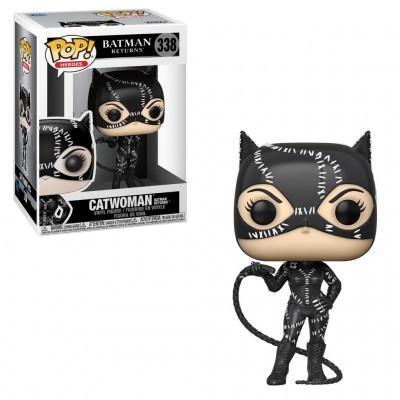 Funko Pop! figura Catwoman Batman Returns com fato preto e branco segurando chicote ao lado da sua caixa