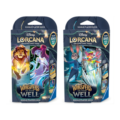 Caixas do jogo Disney Lorcana Whispers In The Well com personagens animados e texto promocional