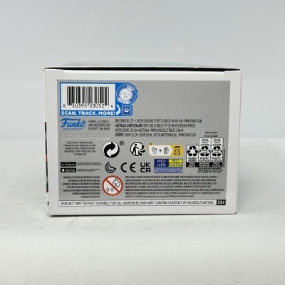 Caixa branca de produto Funko com código de barras e informações de segurança.