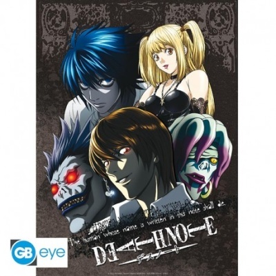 pôster de anime Death Note com quatro personagens em fundo escuro e texto em inglês