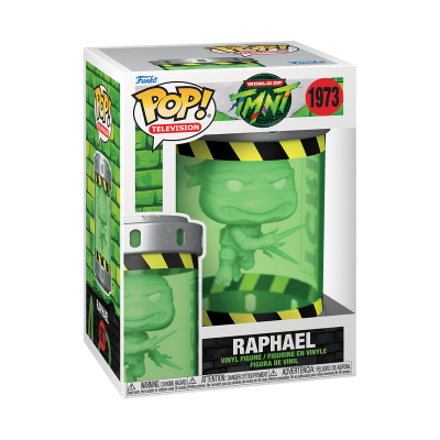 Figura de vinil Funko Pop! Raphael da série World of TMNT em embalagem temática de laboratório.