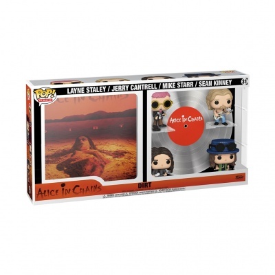 Conjunto colecionável Funko Pop da banda Alice In Chains com quatro figuras e disco vinil prateado, embalagem com capa do álbum Dirt