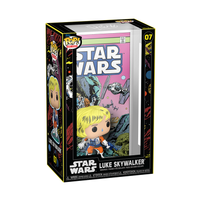 Figura Funko Pop! Luke Skywalker Star Wars em caixa preta com detalhes amarelos