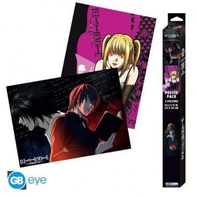Pack de posters Death Note com personagens masculinos e femininos, embalados em caixa preta