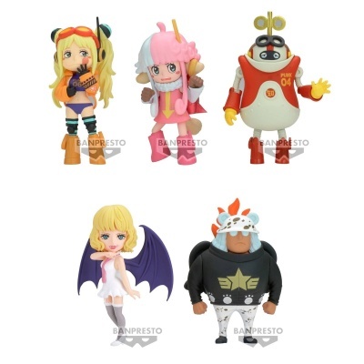 Cinco figuras colecionáveis coloridas com estilos e roupas distintas contra fundo branco.