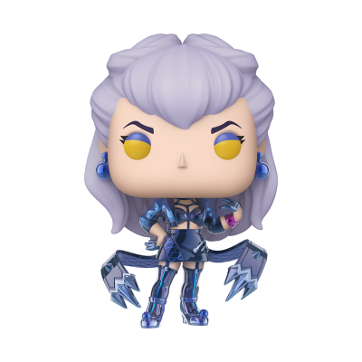 Figura colecionável estilo Funko Pop de personagem feminina com cabelo lilás e roupa futurista azul e preta